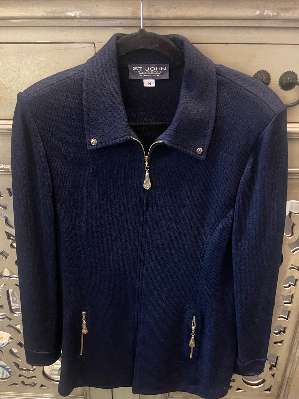 St. John Navy Zip-Front Knit Jacket with Decorative Pulls